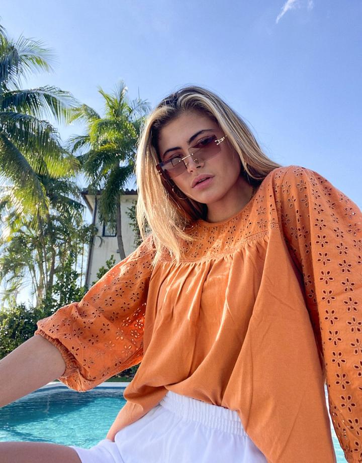 J Crew Embroidered Smock Blouse With 3/4 Sleeves In Orange