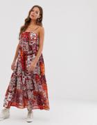 Neon Rose Tiered Maxi Cami Dress With Tie Shoulders In Patchwork Print - Multi