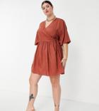 Asos Design Curve Edit Mini Smock Dress With Wrap Front And Kimono Sleeve In Rust-copper