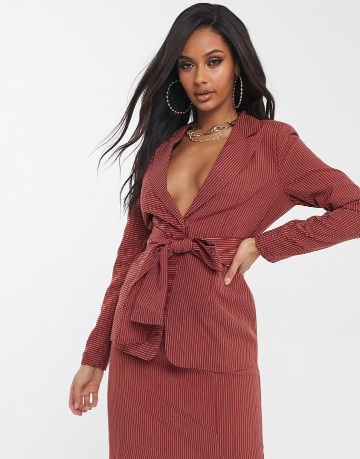 Unique 21 Belted Pinstripe Blazer In Rust-brown