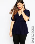 Asos Curve Slinky Plunge Top With Tie And Flutter Sleeve - Navy