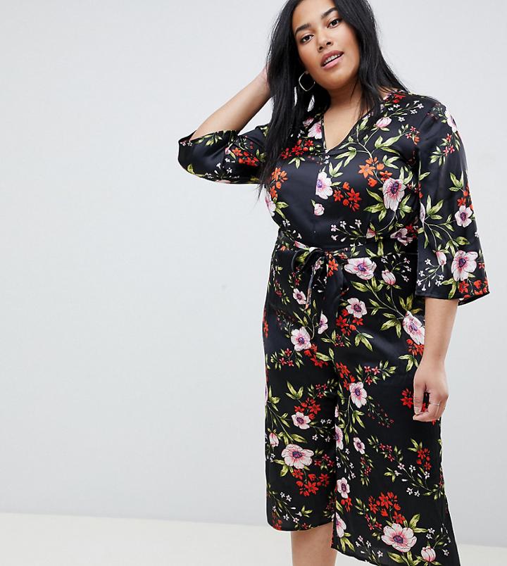 Influence Plus Floral Satin Print Jumpsuit With Tie Waist - Black