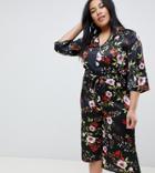 Influence Plus Floral Satin Print Jumpsuit With Tie Waist - Black