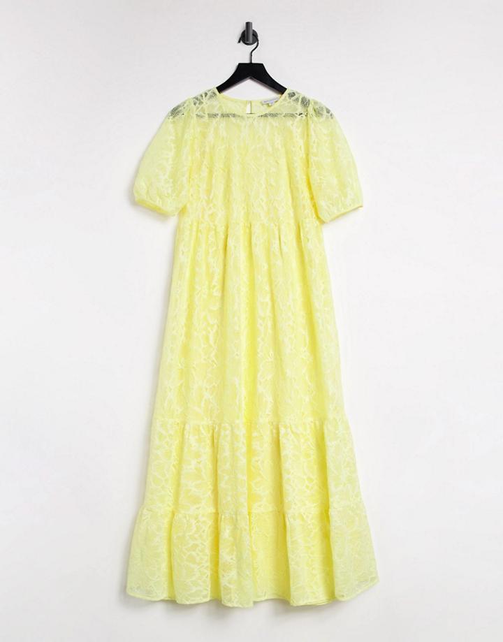 Warehouse Tiered Lace Puff Sleeve Dress In Yellow