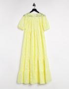 Warehouse Tiered Lace Puff Sleeve Dress In Yellow