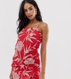 Warehouse Cami Beach Dress With Ruched Side In Tropical Print - Red