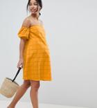 Asos Design Maternity Ultimate Broderie Puff Ball Off Shoulder Mini Sundress - Yellow
