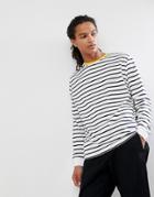 Asos Design Stripe Relaxed Long Sleeve T-shirt In White And Navy With Contrast Ringer - White