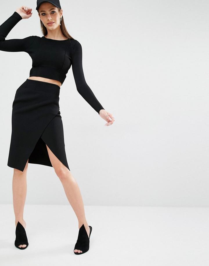 Kendall + Kylie Compact Overlap Pencil Skirt - Black