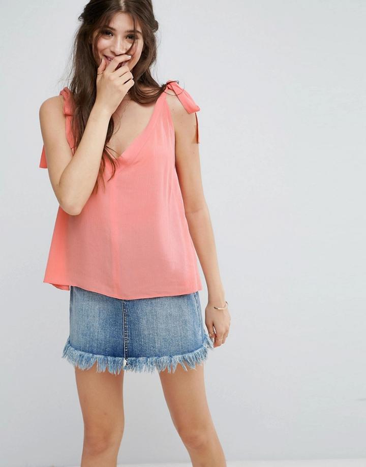 Asos Crinkle Tank With Tie Shoulder - Pink