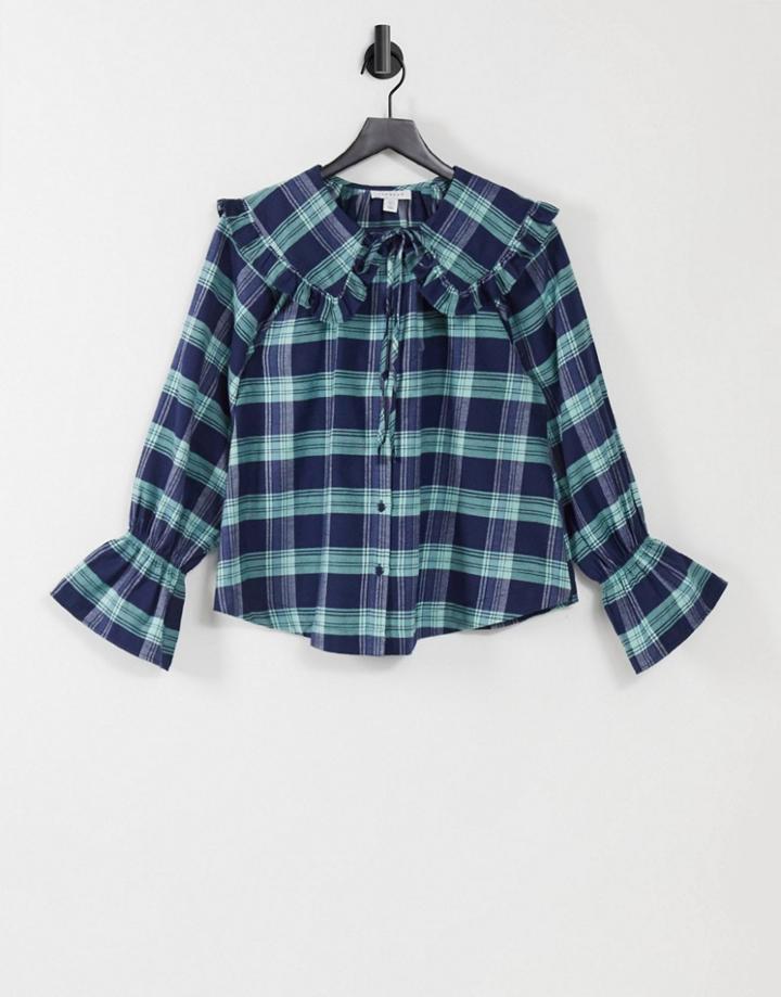 Topshop Collared Shirt In Blue Plaid-blues