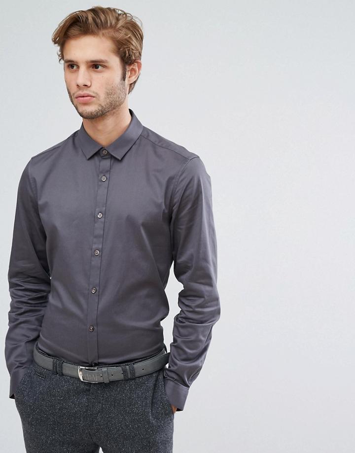Asos Slim Fit Sateen Shirt In Charcoal - Gray