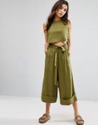 Native Youth Awkward Length Wide Leg Pants With Tie Waist Co-ord - Green