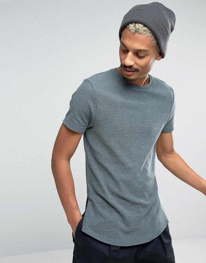 Asos Longline Muscle T-shirt In Green Waffle Fabric With Curved Hem An