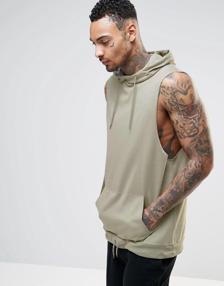 Asos Longline Sleeveless T-shirt With Hood And Drawcord - Beige
