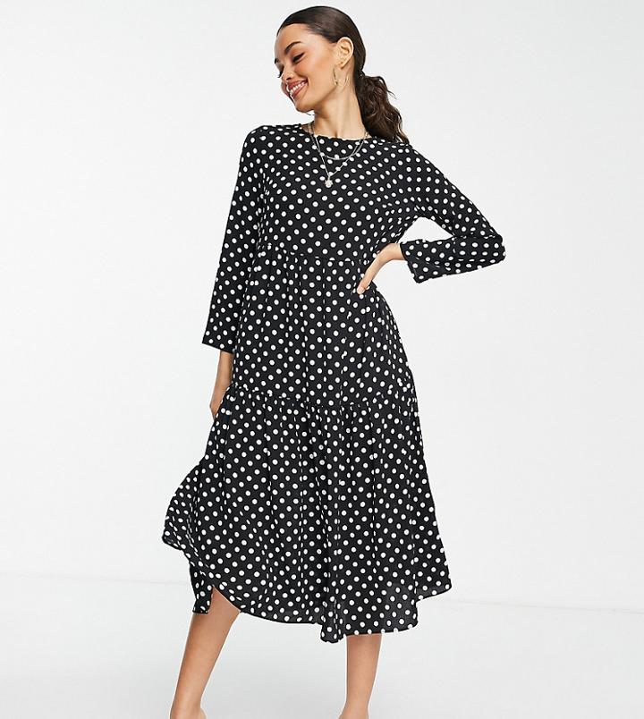 Asos Design Petite Long Sleeve Tiered Smock Midi Dress In Mono Spot-multi