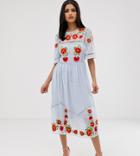 Asos Design Tall Embroidered Smock Midi Dress With Ladder Trims - Blue
