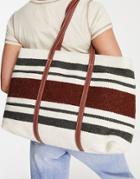 Mango Large Stripe Pattern Tote Bag With Leather Handle In Beige-neutral