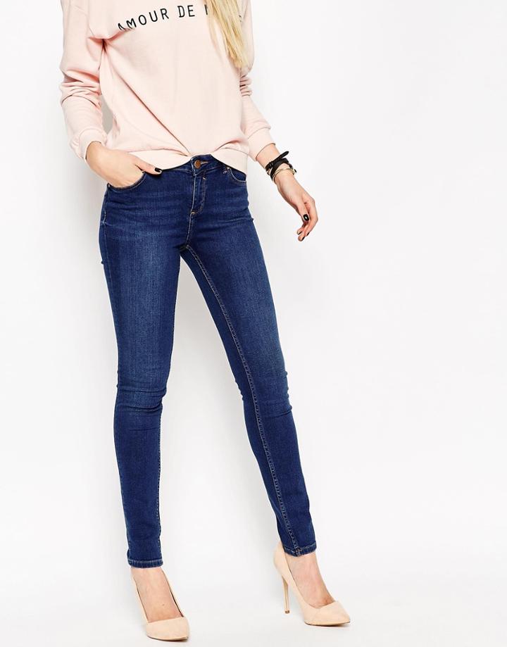 Asos Lisbon Midrise Skinny Jeans In Tyne Washed Rich Blue - Dark Stone Wash