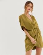 Asos Design Satin Kimono Mini Dress With Knot Front And Asymmetric Sleeve - Beige