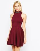 Oh My Love Skater Dress With Embellished Neck - Wine