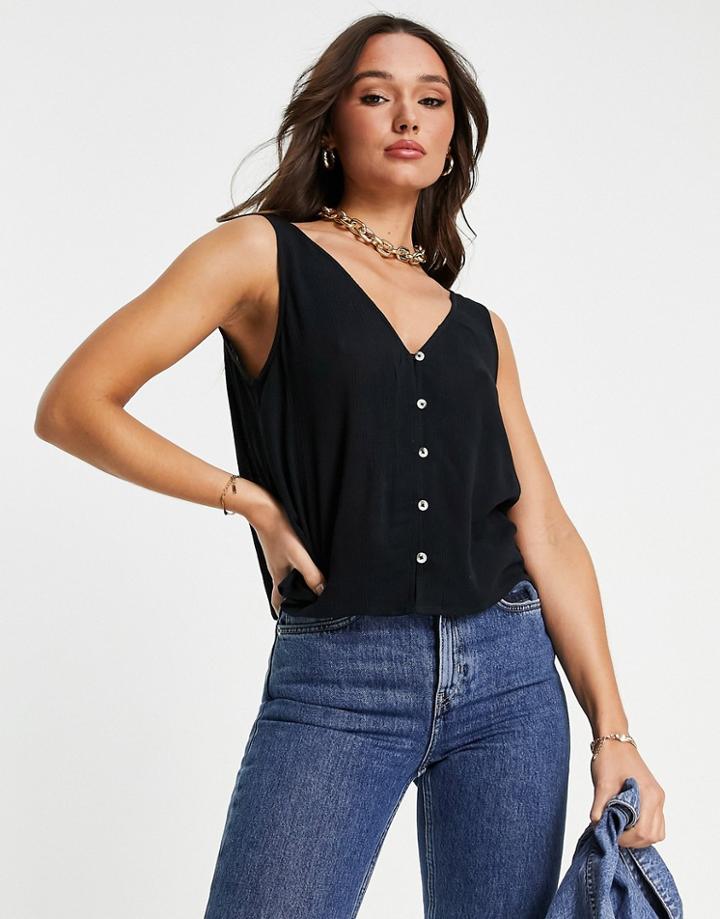Asos Design V-neck Crinkle Tank Top With Shell Buttons In Black
