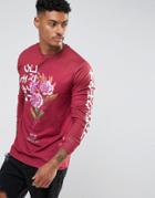 Hype Long Sleeve T-shirt In Burgundy With Japanese Floral Print - Red