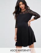 Asos Maternity Mini Smock Dress With Lace Sleeves - Black