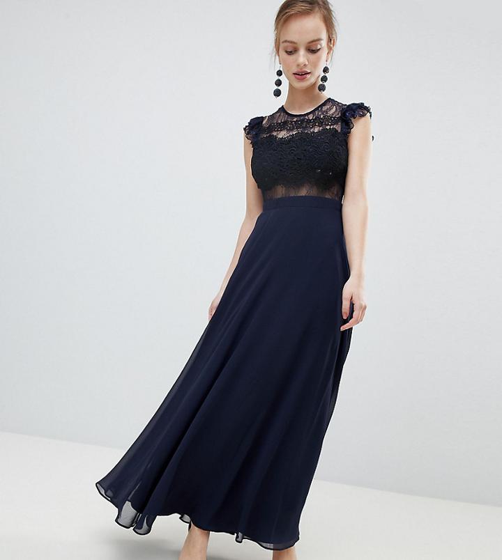 Asos Petite Lace Maxi Dress With Lace Frill Sleeve - White