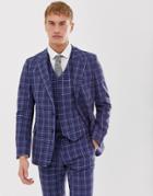 Asos Design Slim Suit Jacket In Tonal Blue Wool Mix Check - Blue