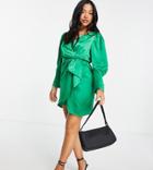 Vila Petite Recycled Blend Satin Wrap Dress With Balloon Sleeve In Green