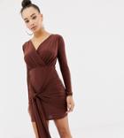 Missguided Slinky Drape Tie Mini Dress In Chocolate - Brown
