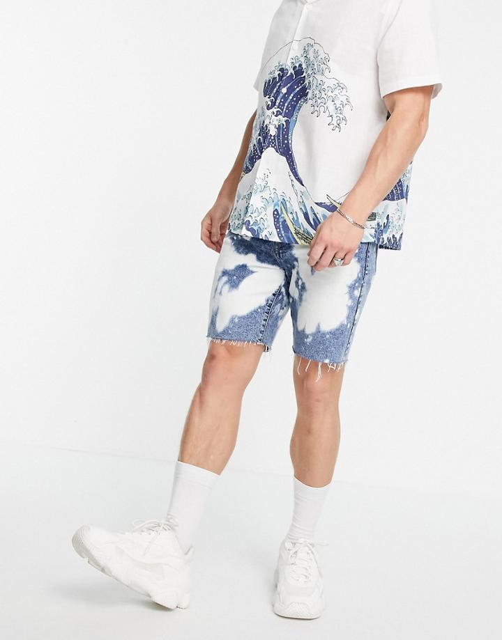 Topman Bleach Effect Slim Denim Shorts In Mid Wash-blues