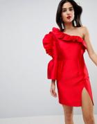 Asos Ruffle One Shoulder Cocktail Mini Dress - Red
