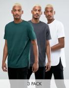 Asos 3 Pack Longline T-shirt In White/gray/green With Bound Curved Stepped Hem Save - Multi