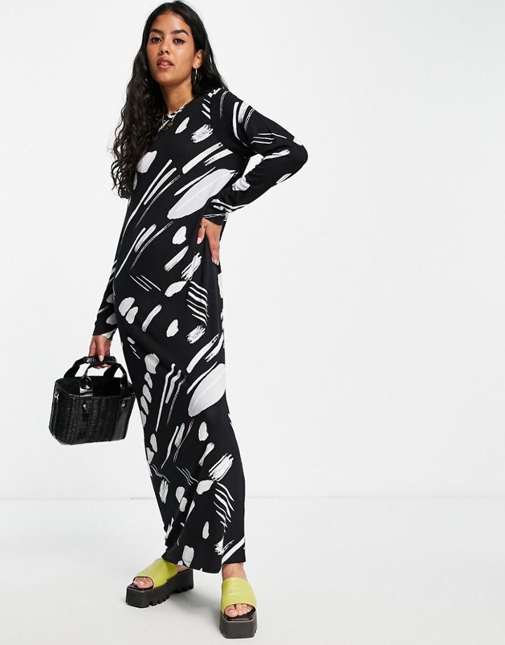 Asos Design Long Sleeve Maxi T-shirt Dress In Black & White Abstract Print