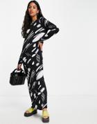 Asos Design Long Sleeve Maxi T-shirt Dress In Black & White Abstract Print