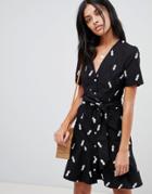Warehouse Tea Dress With Tie Front With Pineapple Embroidery - Black