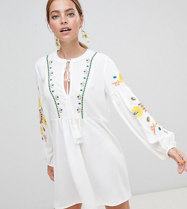 Boohoo Petite Embroidered Smock Dress - White