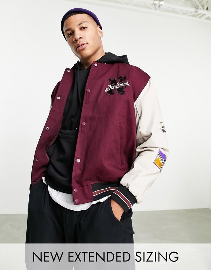 Asos Design Oversized Varsity Bomber Jacket In Burgundy With Badging-red