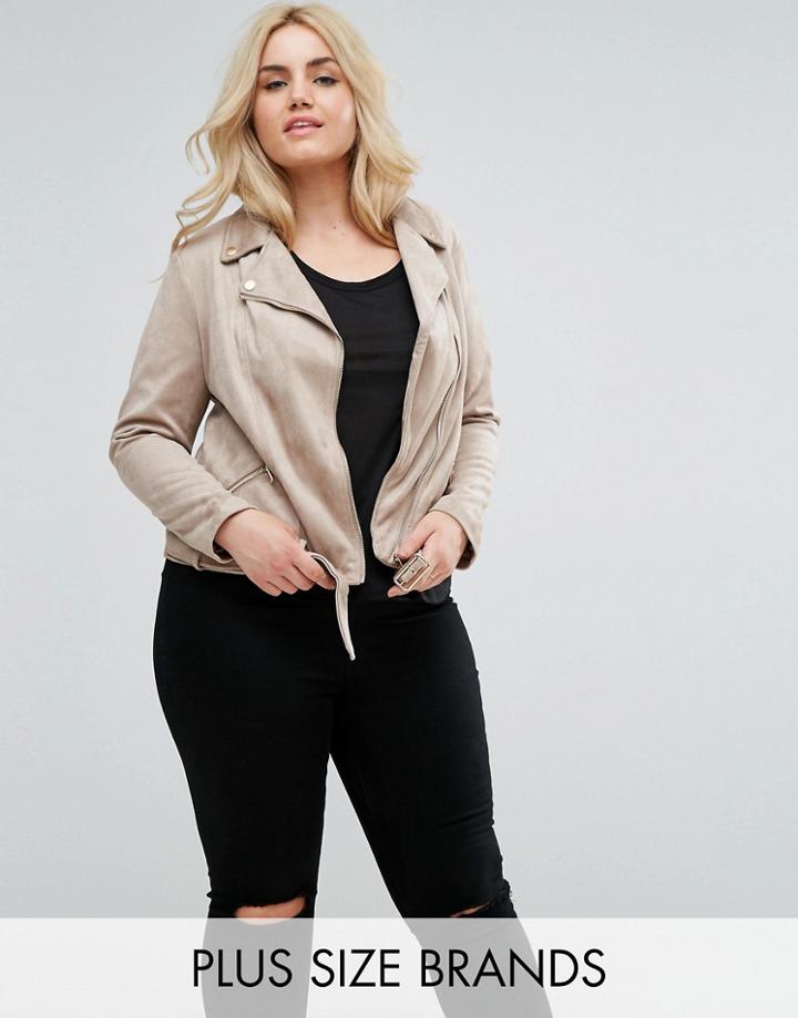 New Look Plus Suedette Biker Jacket - Stone