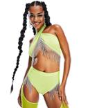 Asyou Festival Cross Front Halter Top With Diamante Trim In Lime - Part Of A Set-green