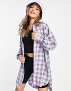 Lola May Oversized Dip Hem Shirt Dress In Lilac Check-purple