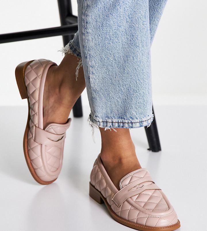 Asos Design Wide Fit Mighty Quilted Padded Flat Loafers In Beige-neutral