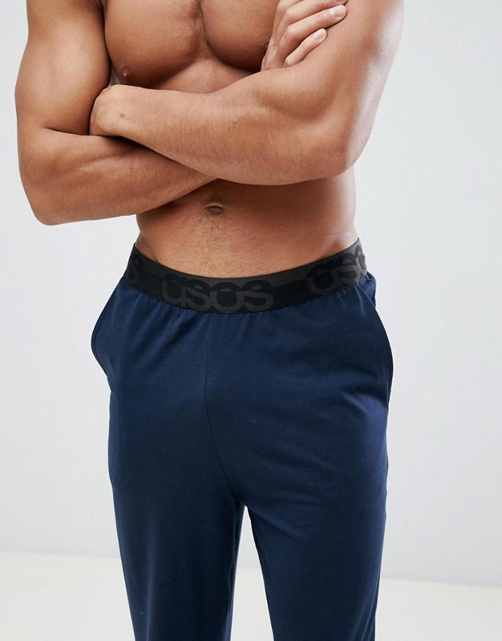 Asos Design Straight Leg Jersey Pyjama Bottom In Navy With Branded Waistband - Navy