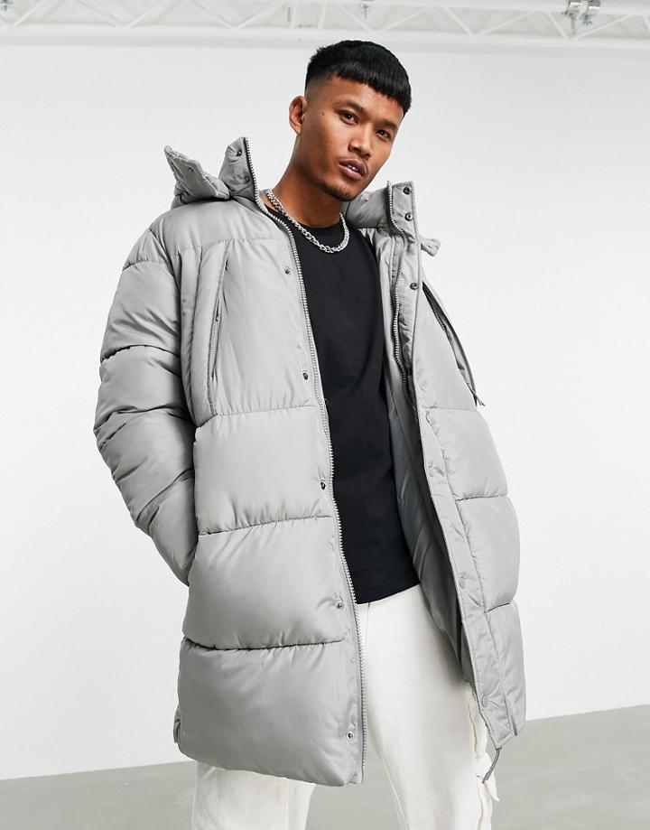 Asos Design Longline Puffer Jacket With Detachable Hood In Gray-grey