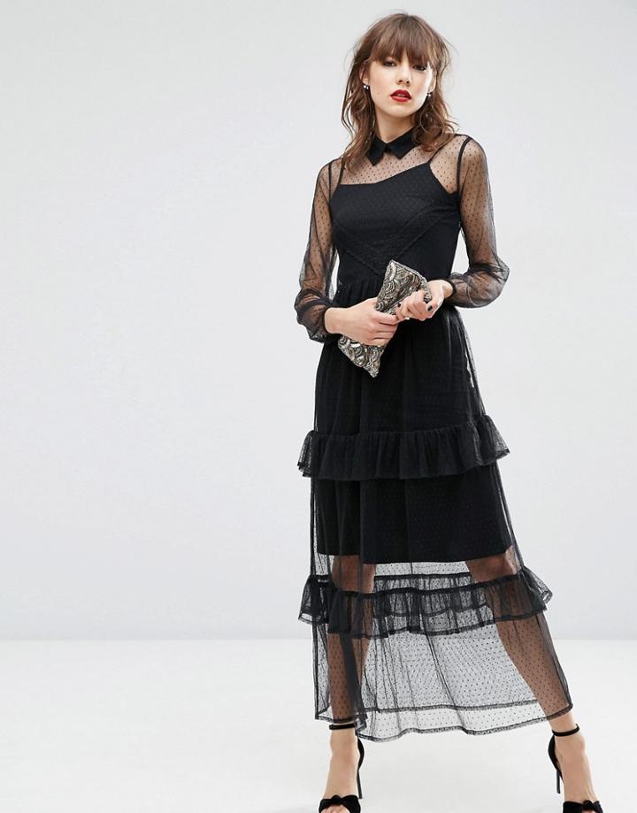 Asos Premium Spot Mesh Maxi Dress - Black