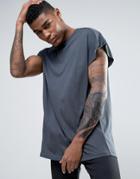 Asos Oversized Longline T-shirt In Washed Black With Roll Sleeve - Black
