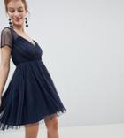 Asos Design Petite Tulle Mini Dress With Sheer Sleeve - Navy
