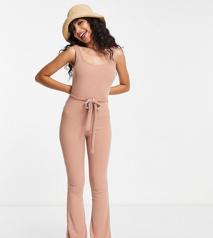 Miss Selfridge Petite Rib Scoop Neck Tie Waist Jumpsuit In Camel-neutral